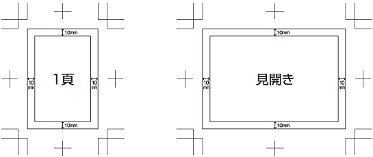 断ち切り原稿は外トンボまで絵柄を作成し、必ず天地左右それぞれ10ミリ以上の追い込み(セーフティ)を設けてください。